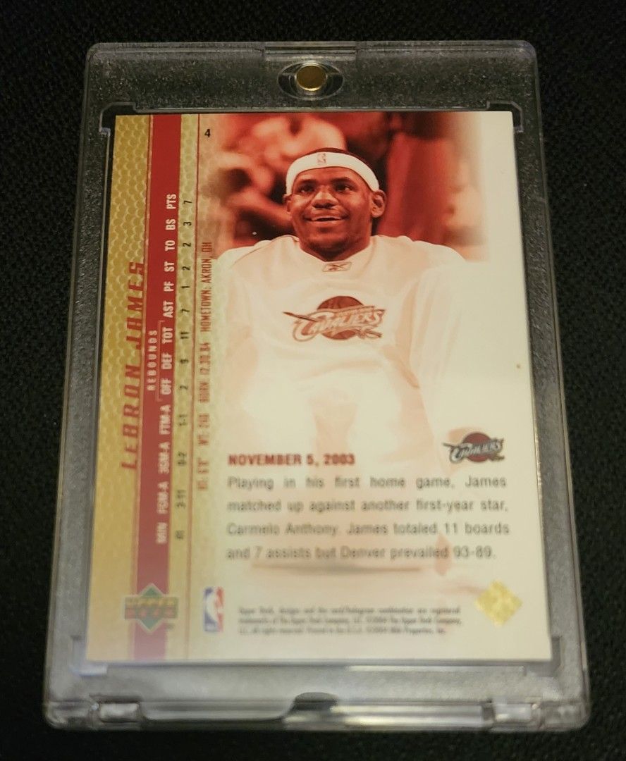 Lebron james RC PHENO GOLD #4 (Category: Card Packs) located in Manila. Submitted by kg613 (Listing ID 1466252228, Image 2). Description: - Player: LeBron James - Brand/Set: Upper Deck - Card Number: 4 - Highlight: November 5, 2003 rookie matchup vs. Carmelo Anthony (11 rebounds, 7 assists) - Protection: Comes in a secure hard plastic magnetic holder - Condition: Well-kept, ideal for basketball card collectors and NBA fans.