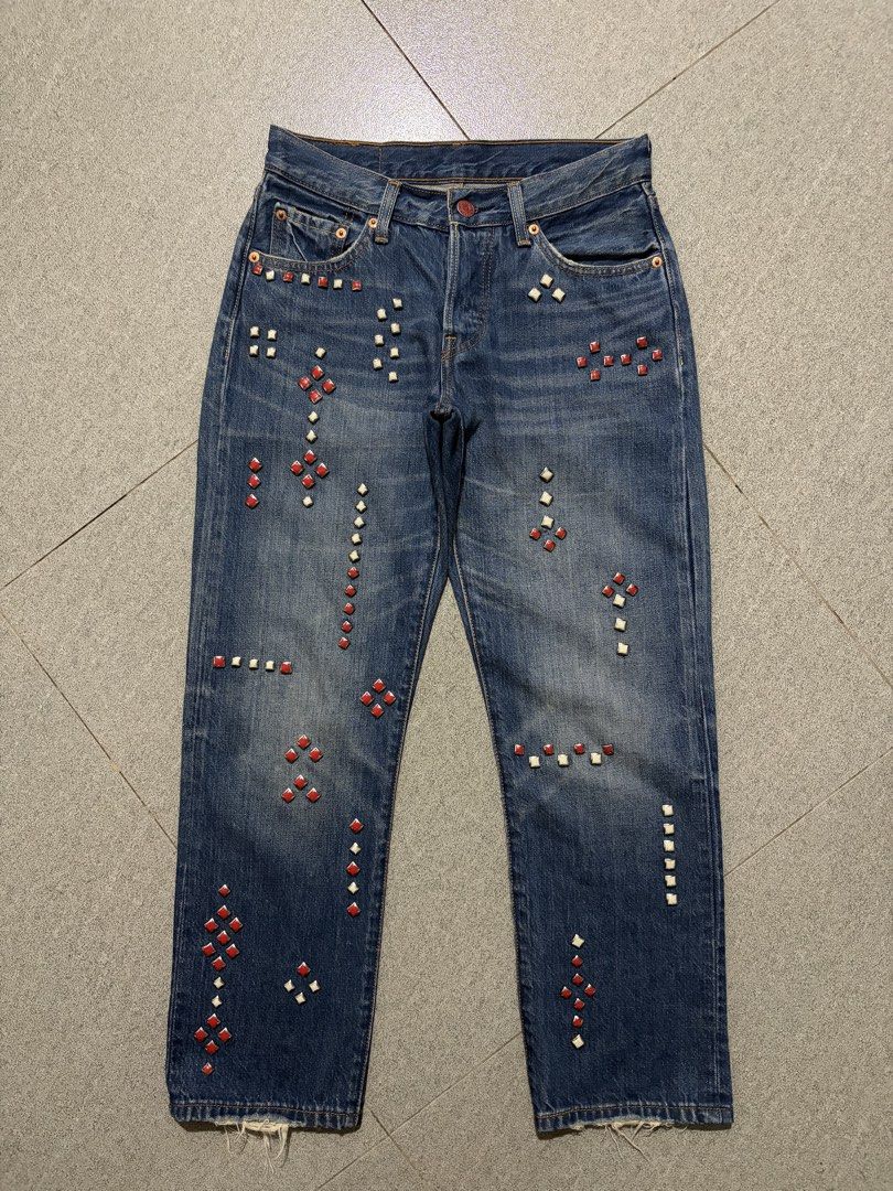 Levis 501 Studded Distressed Jeans (Category: Jeans) located in Talisay. Submitted by re_sell01 (Listing ID 1466265480, Image 1). Description: Levis 501 Studded Denim Pants Size W24 Waistline 28” Length 35” Leg Opening 7” Excellent Condition.