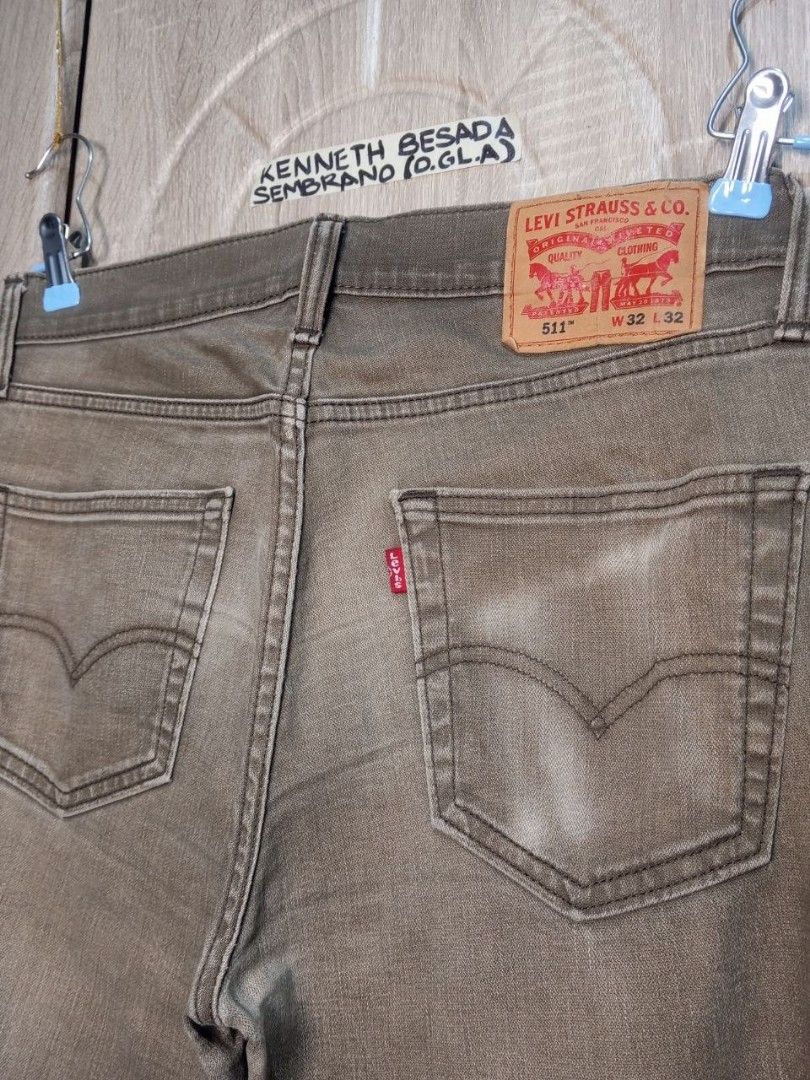 Levi's@ 511™ Slim-fit jeans (Category: Jeans) located in Cabuyao City. Submitted by o.gl.athrift (Listing ID 1466327050, Image 3). Description: Levi's@ 511™ Slim-fit jeans * Mudwash brown color *Has a rework design at the front * Manufactured in Bangladesh *Water<less 33-34 Waistline 41.5 Inches length 12.5 Inches Thigh 7 Inches leg opening Condition: excellent used Issue/s: minimal scratch at crotch ( no holes inside) Mine: 899+sf Color may vary