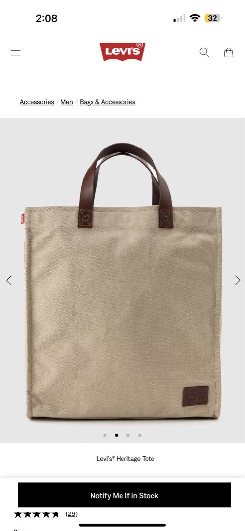 Levi's Heritage Tote Bag Beige Canvas (Category: Sling Bags) located in Pasig City. Submitted by rchsh (Listing ID 1466204730, Image 2). Description: - Brand: Levi's - Style: Heritage Tote Bag - Material: Sturdy beige canvas with brown leather handles - Features: Adjustable shoulder strap, iconic red tab, and leather corner logo patch - Condition: Clean overall condition - Perfect for: Work, school, daily errands, and holding all your essentials 