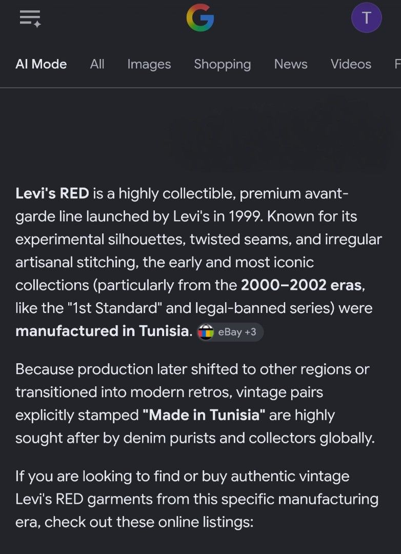 Levis Red 1st Standard Selvedge Jeans❗ (Category: Jeans) located in Bacoor. Submitted by arrrrtt (Listing ID 1466282816, Image 2). Description: Levis Red 1st Standard Selvedge Jeans❗ - Collector's Piece (gem 💎). - near vintage(2007). - European (made in Tunisia). - Distinctive Green Selvedge ID. - Premium materials- a super tight fabric construction that is still soft to wear, Brass YKK zipper. - An exaggerated “anti-fit" allowing for movement a