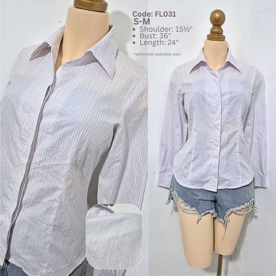 Lilac Pinstripe Fitted Blouse | Long Sleeve Button Down | S-M (Category: Longsleeves) located in Cabanatuan. Submitted by _erboutique (Listing ID 1466330139, Image 1). Description: • Pale lilac fine vertical pinstripe shirt • Sharp pointed collar, hidden placket • Tailored slim fit, crisp fabric • Size S–M | Shoulder 15½" | Bust 36" | Length 24" • Minimal washable stain noted • Smart office formal business wear • Great preowned condition.