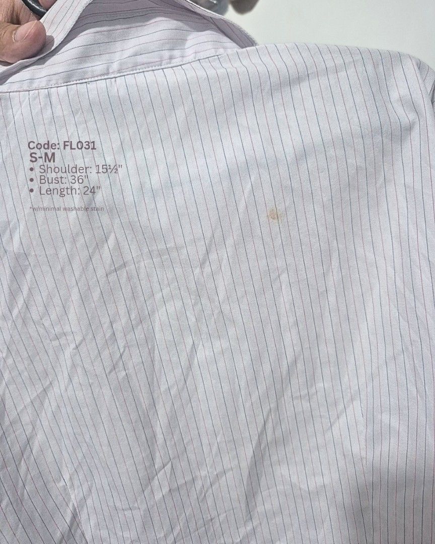 Lilac Pinstripe Fitted Blouse | Long Sleeve Button Down | S-M (Category: Longsleeves) located in Cabanatuan. Submitted by _erboutique (Listing ID 1466330139, Image 3). Description: • Pale lilac fine vertical pinstripe shirt • Sharp pointed collar, hidden placket • Tailored slim fit, crisp fabric • Size S–M | Shoulder 15½" | Bust 36" | Length 24" • Minimal washable stain noted • Smart office formal business wear • Great preowned condition.