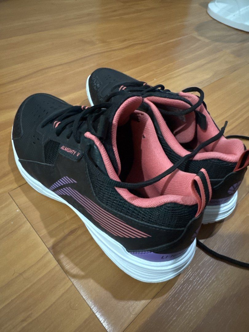 Li-Ning Almighty V Badminton Shoes (Category: Sneakers) located in Imus. Submitted by serdz.joshua (Listing ID 1466247739, Image 1). Description: - Brand/Model: Li-Ning Almighty V Badminton Shoes - Color: Black with pink inner lining and white soles (stylish striped side detailing) - Size: US 9 | EUR 42 2/3 | CN 265 - Origin: Designed in Beijing, Made in China - Closure: Lace-up - Condition: Like new, used only 3 times - RFS: Sizing is a bit smal