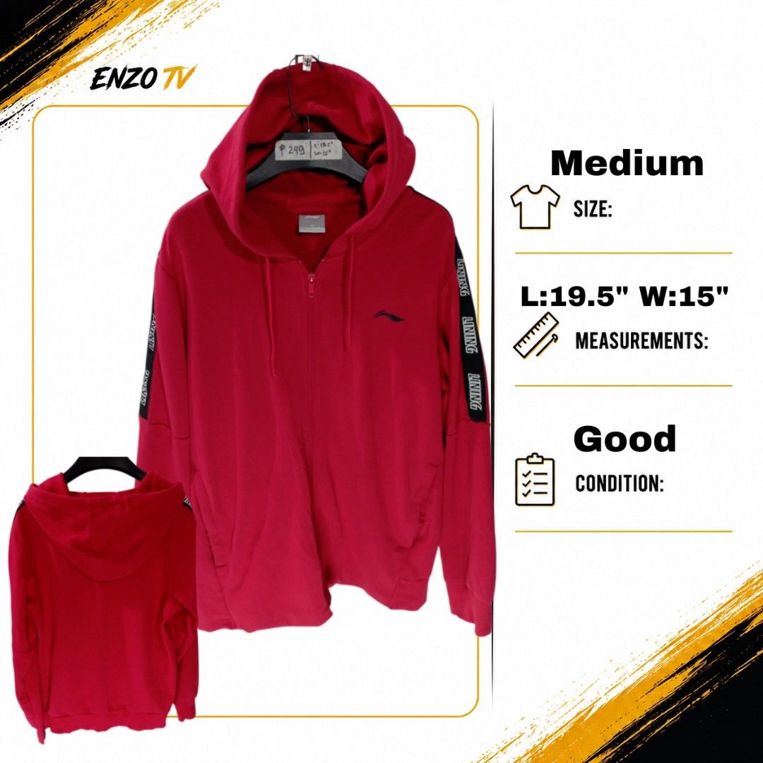 Li-Ning Red Zip-Up Hoodie (Category: Coats, Jackets and Outerwear) located in Rodriguez. Submitted by enzo.tv (Listing ID 1466324873, Image 1). Description: - Brand: Li-Ning - Color: Red with black branded tape on sleeves and small embroidered logo on chest - Size: Medium - Measurements: 19.5 inches length, 15 inches width - Features: Full zipper front, drawstring hood, front pockets, ribbed cuffs and hem - Condition: Good overall, clean and read