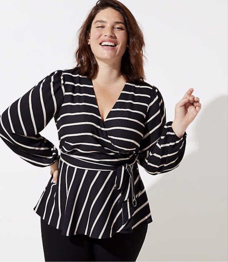 LOFT Black and White Striped Wrap Peplum Blouse (Category: Blouses) located in Antipolo. Submitted by harlowwillow (Listing ID 1466212593, Image 1). Description: NO TO LOW BALLERS Large on tag can fit up to XL W 20-22" L 27" - Brand: LOFT - Design: Black and white stripes with V-neck wrap front - Features: Matching tie belt at the waist, long sleeves with gathered shoulder details - Fabric: Lightweight and comfortable - Occasion: Versatile for wo