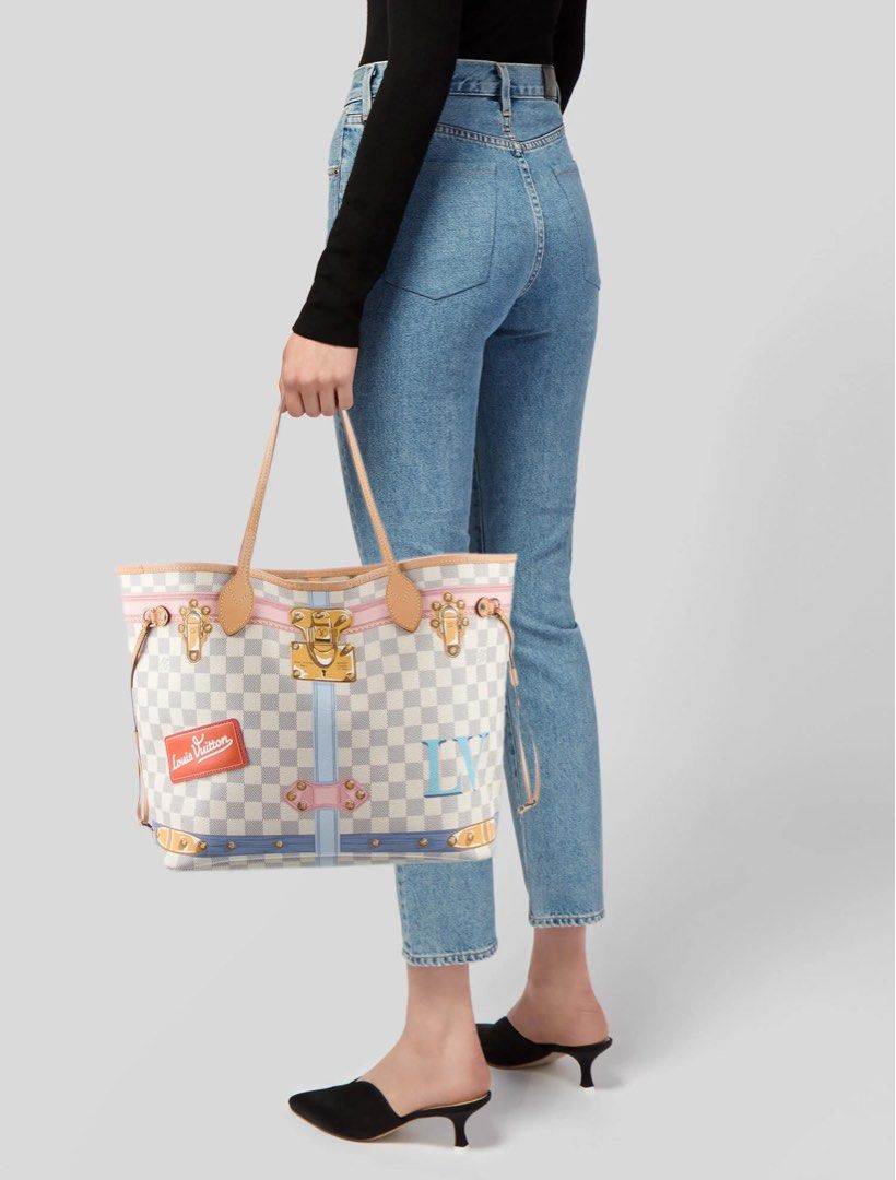 Louis Vuitton Damier Azur Neverfull Bag (Category: Luxury Bags & Wallets) located in Makati City. Submitted by shop.millennialcloset (Listing ID 1465114155, Image 1). Description: Spring/Summer 2018 collection The Louis Vuitton Limited Edition Monogram Canvas Trompe L'oeil Screen Bag Neverfull MM Bag - Rare Damier Azur canvas with Trunks and Bags trompe-l'œil print. This particular bag features gorgeous Trompe L'oeil screen print inspired by vint