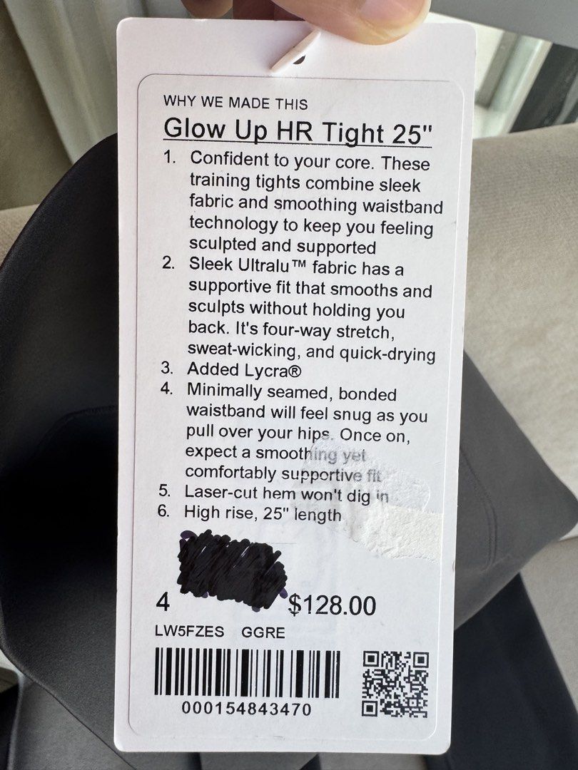 Lululemon Glow Up HR Tight 25" - Graphite Grey - Size 4 (Category: Activewear) located in Paranaque City. Submitted by piemumbuys (Listing ID 1466336246, Image 3). Description: - Brand: Lululemon - Style: Glow Up HR Tight 25" - Color: Graphite Grey - Size: 4 - Condition: Brand new with original tag ($128) - Fabric: Sleek Ultralu with four-way stretch, sweat-wicking, and quick-drying - Fit: High-rise with minimally seamed, bonded waistband and cle