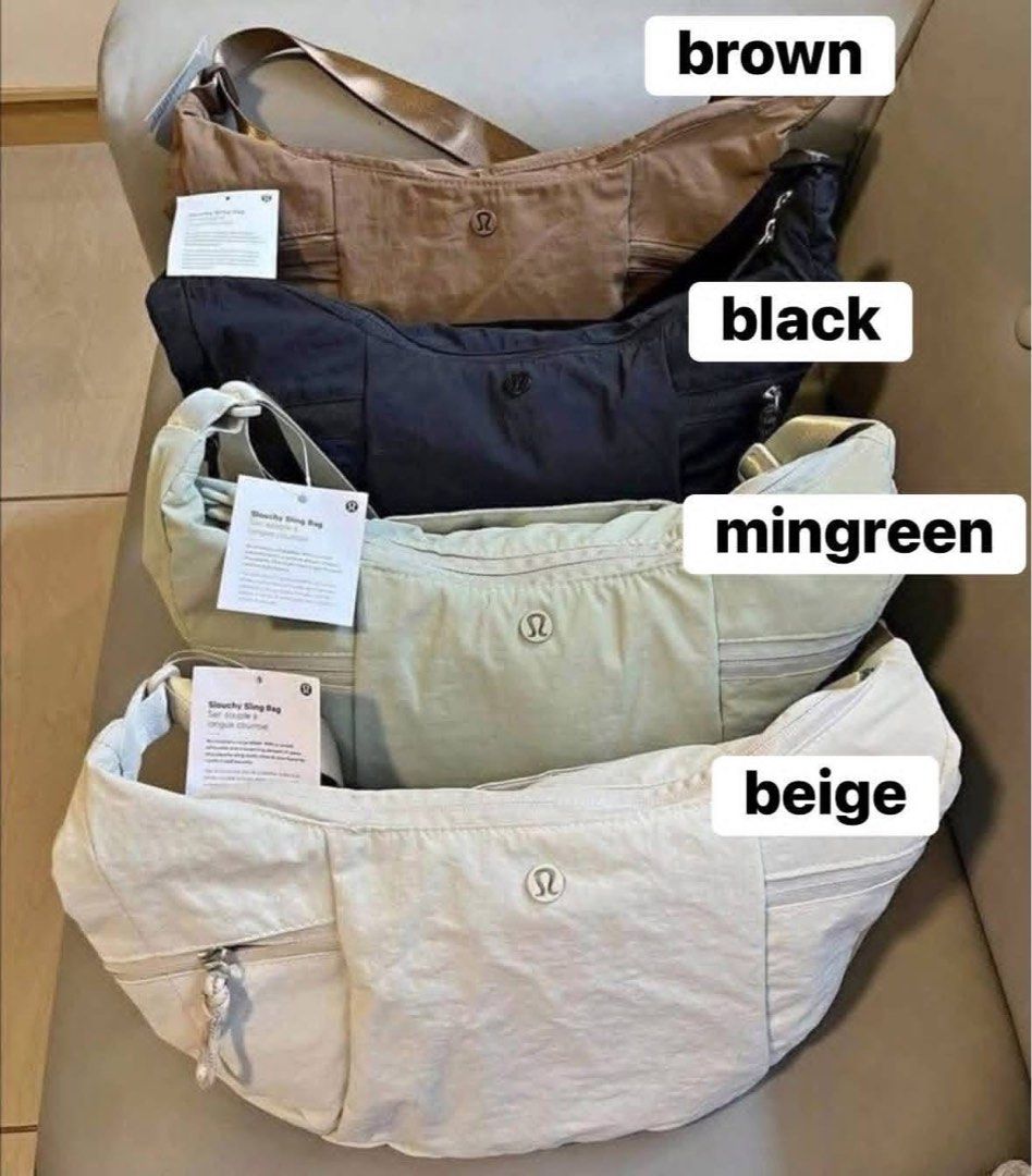 Lululemon Slouchy Sling Bag (Category: Cross-body Bags) located in Marilao. Submitted by astroman.22 (Listing ID 1466314740, Image 2). Description: - Brand new with original store tags attached - Water-repellent fabric with a stylish curved silhouette - Adjustable shoulder strap for comfortable wear - Secure zippered exterior pockets and convenient interior compartments - Colors available: Brown, Black, Mingreen, and Beige.