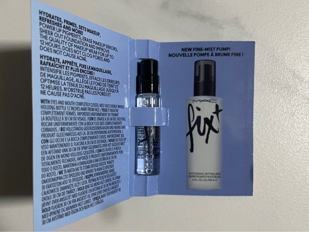 MAC Fix+ Multitasking Setting Spray Sample Size (Category: Makeup) located in Kajang. Submitted by Izzatisb94 (Listing ID 1466294416, Image 2). Description: - Brand: MAC Cosmetics - Product: Fix+ Multitasking Setting Spray - Size: 2.5ml trial size bottle - Benefits: Hydrates, primes, sets makeup, and refreshes foundation - Application: Features a fine mist - Condition: Unopened trial packaging with instructions printed inside the cover.