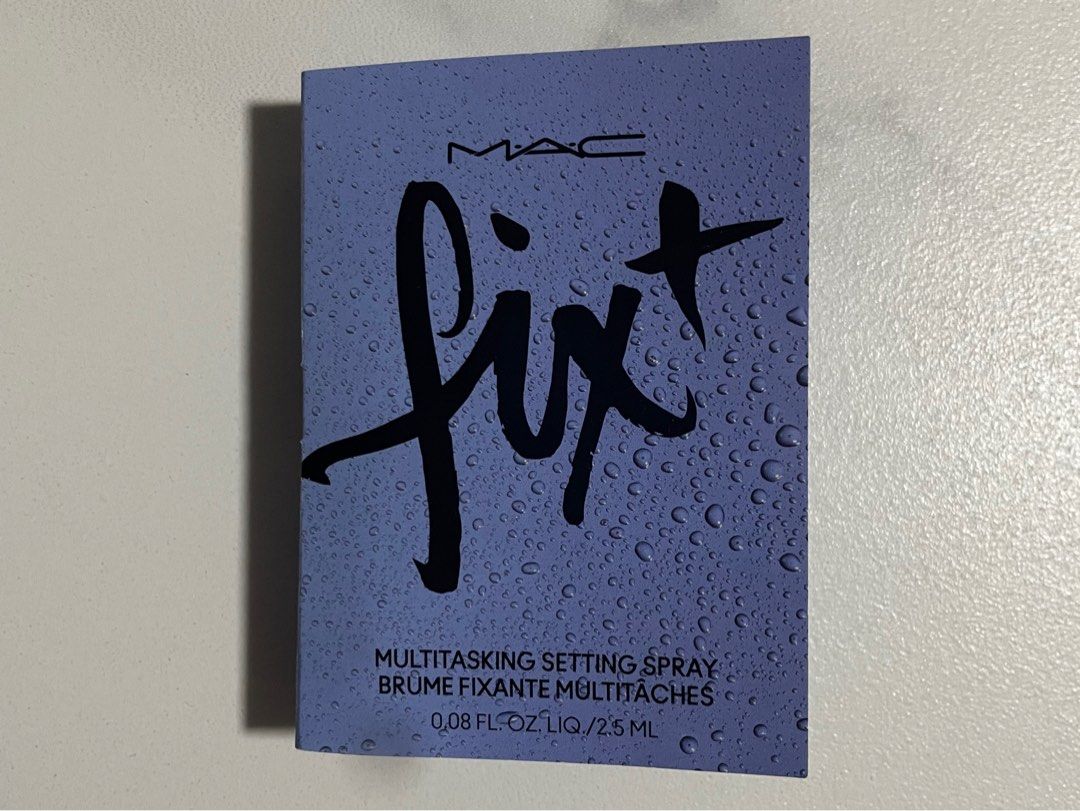 MAC Fix+ Multitasking Setting Spray Sample Size (Category: Makeup) located in Kajang. Submitted by Izzatisb94 (Listing ID 1466294416, Image 1). Description: - Brand: MAC Cosmetics - Product: Fix+ Multitasking Setting Spray - Size: 2.5ml trial size bottle - Benefits: Hydrates, primes, sets makeup, and refreshes foundation - Application: Features a fine mist - Condition: Unopened trial packaging with instructions printed inside the cover.