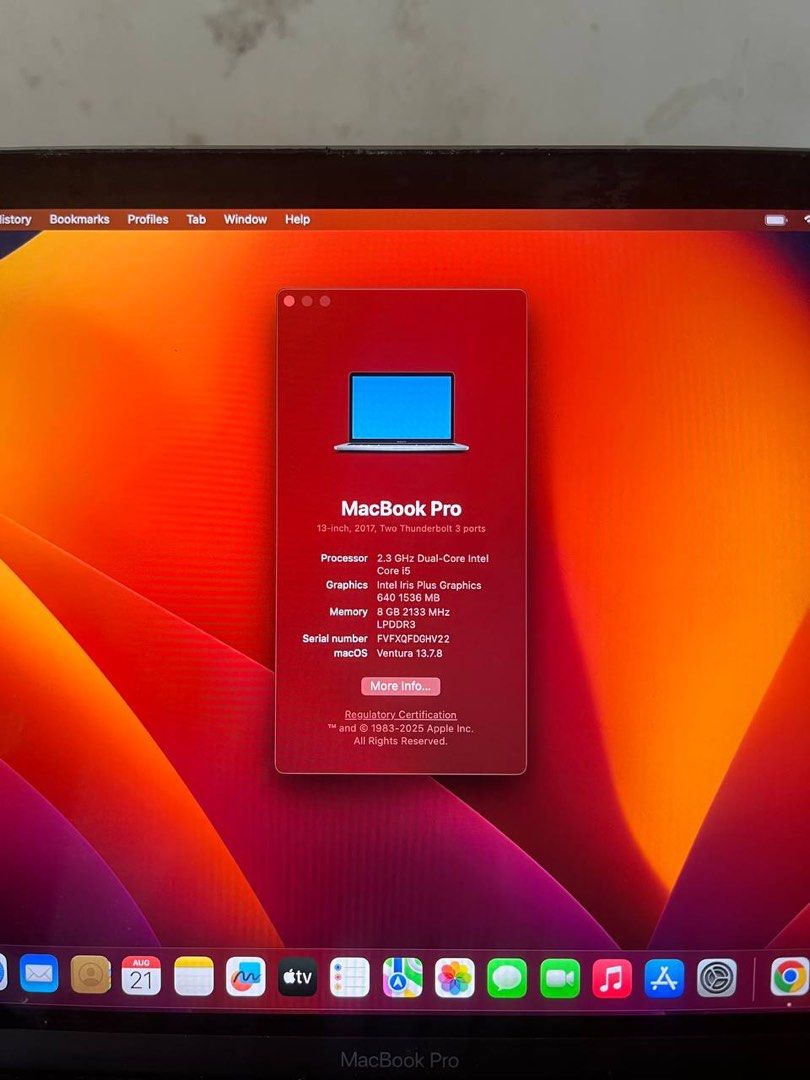 MacBook Pro 13-inch 2017 Two Thunderbolt 3 ports (Category: Laptops & Notebooks) located in Manila. Submitted by sheinkable (Listing ID 1466227432, Image 1). Description: - Model: MacBook Pro 13-inch (2017) - Processor: 2.3 GHz Dual-Core Intel Core i5 - Memory: 8 GB RAM - Storage: 128 GB SSD - Graphics: Intel Iris Plus Graphics 640 - OS: macOS Ventura installed - Ports: 2 Thunderbolt 3 ports - Condition: Screen and keyboard are 100% responsive, w