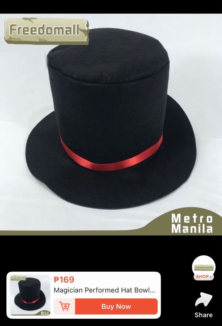 MAGICIAN HAT FOR HALLOWEEN (Category: Caps & Hats) located in Pasig City. Submitted by warmdolphin-4e31 (Listing ID 1466164570, Image 1). Description: MAGICIAN HAT FOR HALLOWEEN COSTUME. Great costume piece for magic shows, parties, or theatrical events. Felt fabric material. Standard adult size fits most heads. Clean condition, ready to use..