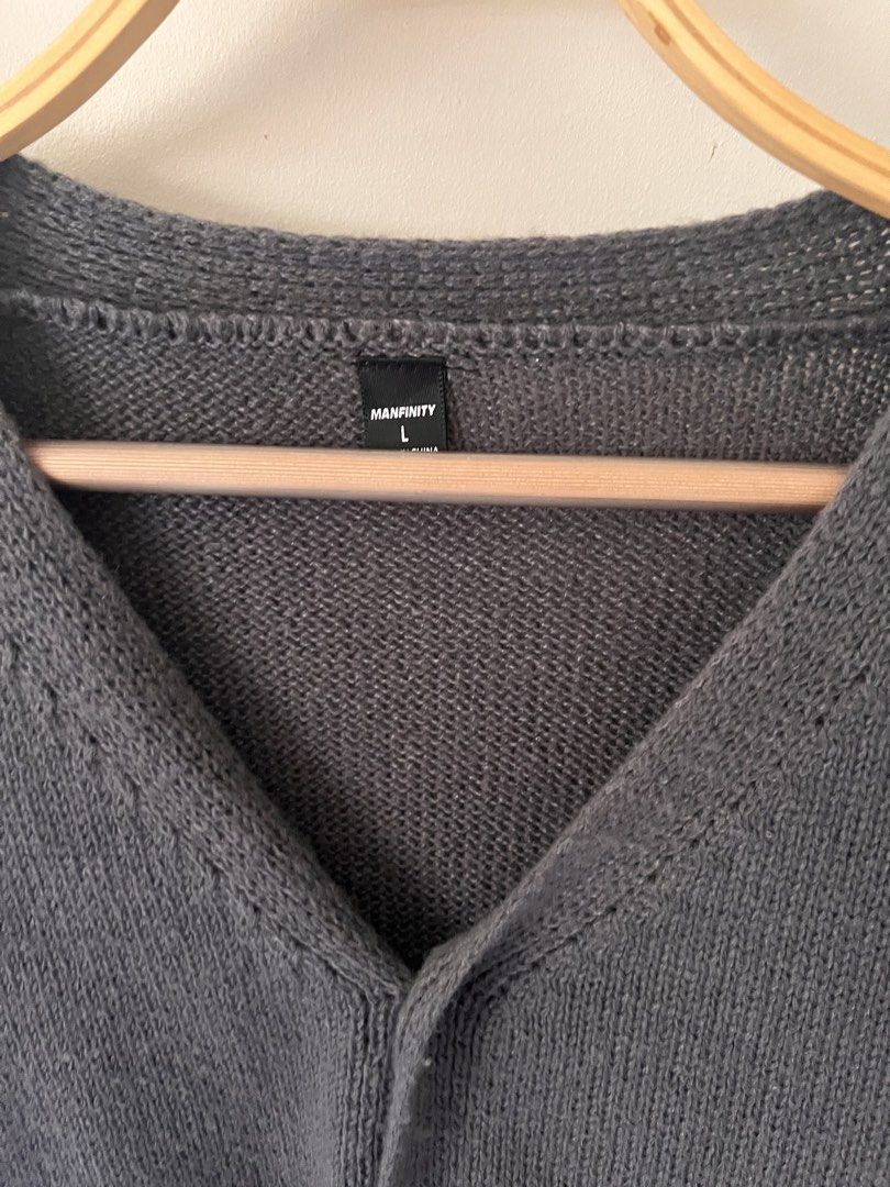 Manfinity Gray V-Neck Cardigan Size L (Category: Coats, Jackets and Outerwear) located in Las Pinas. Submitted by basicapparel_mnl (Listing ID 1466159652, Image 3). Description: - Brand: Manfinity - Size: L - Color: Gray (Neutral) - Style: V-neck cardigan with black front buttons - Details: Ribbed hem and cuffs - Condition/Use: Great layering piece for cooler weather.