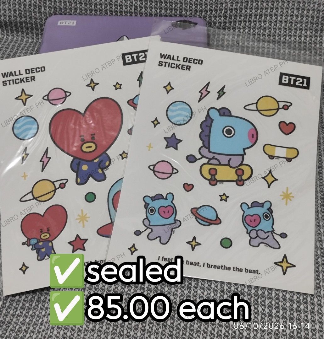 Mang & Tata Deco Wall Sticker (Category: K-Wave Merchandise) located in Quezon City. Submitted by libro_atbp (Listing ID 1466257634, Image 1). Description: 🧸💜 TINY TAN / BT21 FOR SALE! ⤷ Personal collection decluttering ✨ ⤷ Paubos sale. ⤷ 📸 Prices are on the photos. ⤷ 📍 North Olympus Subd., Quezon City • pm for inquiries • no cancellations! • PAYO ONLY! FIRST-TO-PAY POLICY MOD: sdd/j&t/flash MOP: gcash/maya/gotyme/maribank.