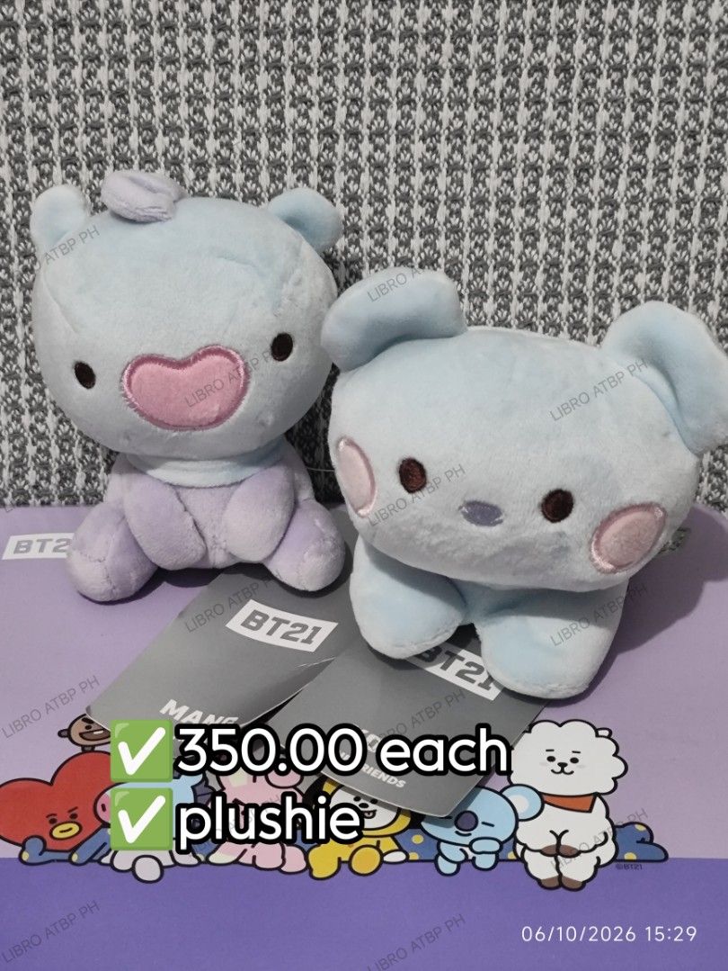 Mang and Koya Plushies (Category: K-Wave Merchandise) located in Quezon City. Submitted by libro_atbp (Listing ID 1466260662, Image 1). Description: 🧸💜 TINY TAN / BT21 FOR SALE! ⤷ Personal collection decluttering ✨ ⤷ Paubos sale. ⤷ 📸 Prices are on the photos. ⤷ 📍 North Olympus Subd., Quezon City • pm for inquiries • no cancellations! • PAYO ONLY! FIRST-TO-PAY POLICY MOD: sdd/j&t/flash MOP: gcash/maya/gotyme/maribank.