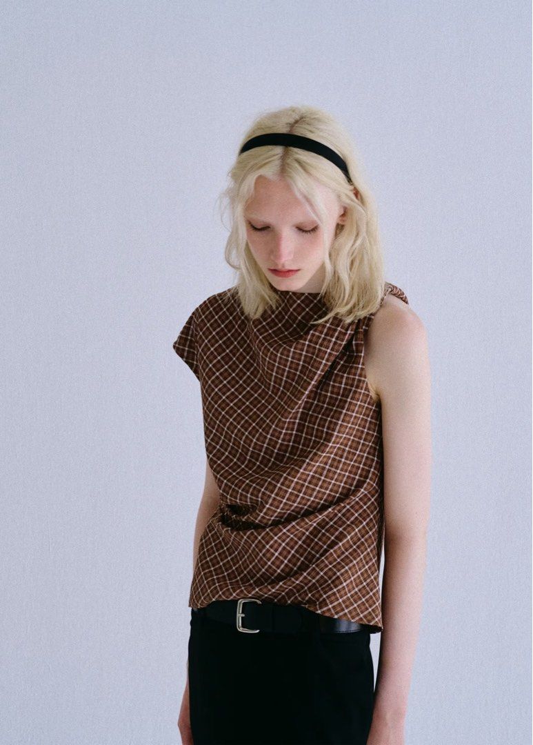 Mango Asymmetric Checked Blouse (Category: Sleeveless) located in Mandaluyong City. Submitted by lykag6 (Listing ID 1466187396, Image 2). Description: Brand new, never worn Original price: 2,395 RFS: size.