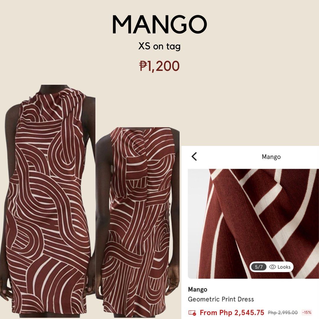 Mango Geometric Print Dress (Category: Dresses) located in Cebu City. Submitted by inyughx (Listing ID 1466181290, Image 1). Description: - Brand: Mango - Size: XS - Color: Brown and white geometric print - Design: Sleeveless with a draped cowl neckline and bold abstract curved lines - Fabric: Structured with a smooth texture - Versatility: Perfect for both casual daytime wear and night outs.