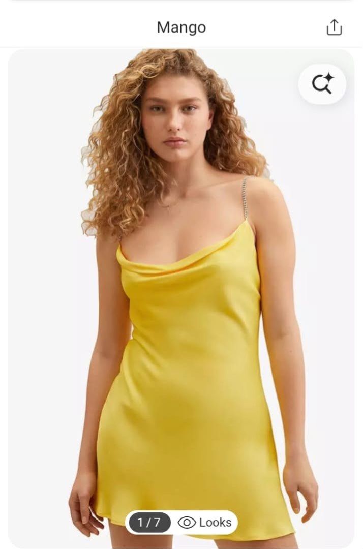 Mango Satin Strass Dress Yellow (Category: Dresses) located in Paranaque City. Submitted by arolabs (Listing ID 1466206183, Image 2). Description: - Brand: Mango (Committed Collection) - Condition: Brand New with Tags (BNWT) - Color: Vibrant Yellow - Length: Mini - Material: Sustainable ECOVERO viscose with a silky satin finish - Design Details: Cowl neckline and eye-catching sparkly rhinestone chain straps.