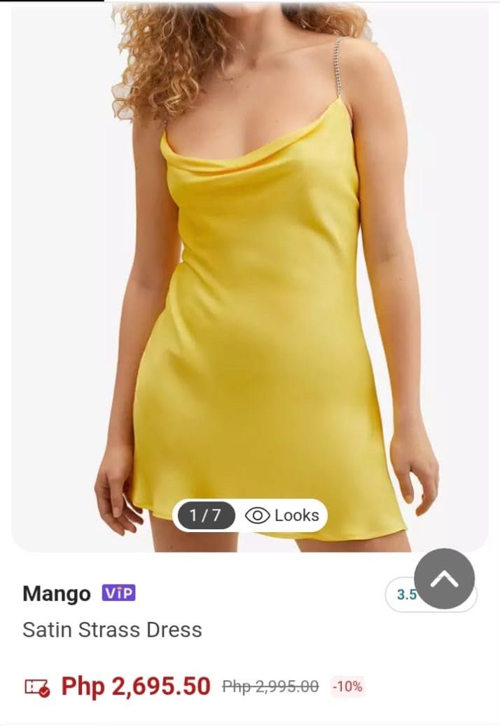 Mango Satin Strass Dress Yellow (Category: Dresses) located in Paranaque City. Submitted by arolabs (Listing ID 1466206183, Image 1). Description: - Brand: Mango (Committed Collection) - Condition: Brand New with Tags (BNWT) - Color: Vibrant Yellow - Length: Mini - Material: Sustainable ECOVERO viscose with a silky satin finish - Design Details: Cowl neckline and eye-catching sparkly rhinestone chain straps.