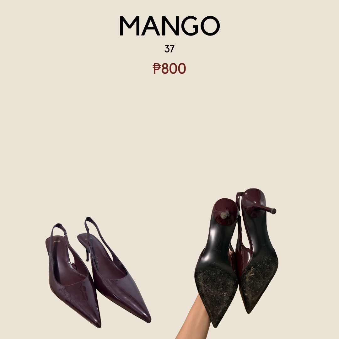 Mango Slingback Heels Burgundy Size 37 (Category: Heels) located in Cebu City. Submitted by baczy (Listing ID 1466180120, Image 1). Description: - Brand/Model: Mango Slingback Heels - Color: Deep burgundy with a glossy patent finish - Size: 37 (fits true to size) - Design: Pointed toe and slim heel - Condition: Like new - Best for: Workwear or dressed-up evenings.