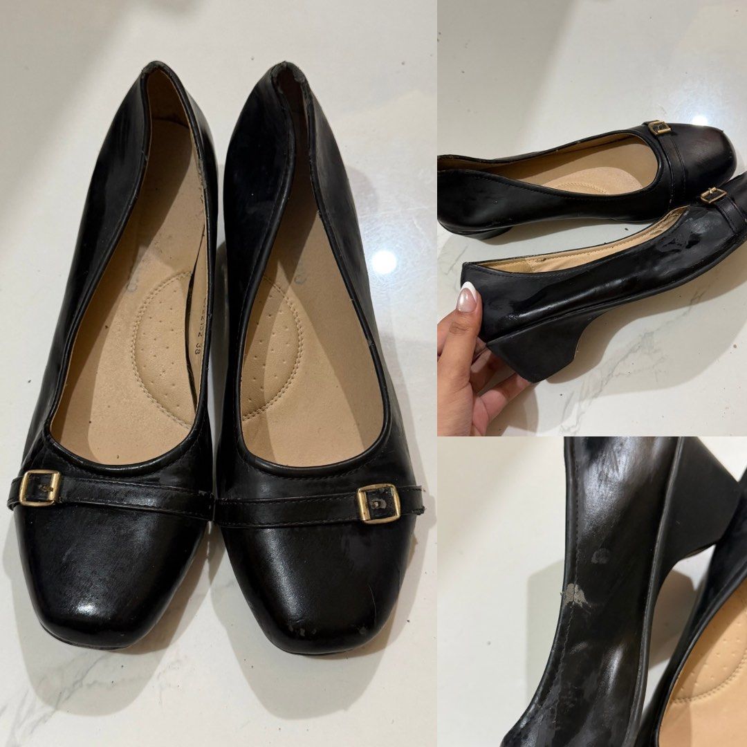 Mario D'Boro Black Low Block Heel Pumps (Category: Sandals) located in Caloocan City. Submitted by lovedbyzee (Listing ID 1466275493, Image 1). Description: ₊˚⊹♡ ➔ Brand: Mario D’Boro ₊˚⊹♡ ➔ Size: EUR 38 ₊˚⊹♡ ➔ Classic black low block heel pumps featuring a rounded square toe, cushioned insoles, and a decorative strap detail with gold buckle hardware. ₊˚⊹♡ ➔ Condition: Preloved with visible scuffing and peeling/wear on the sides and heels—needs m