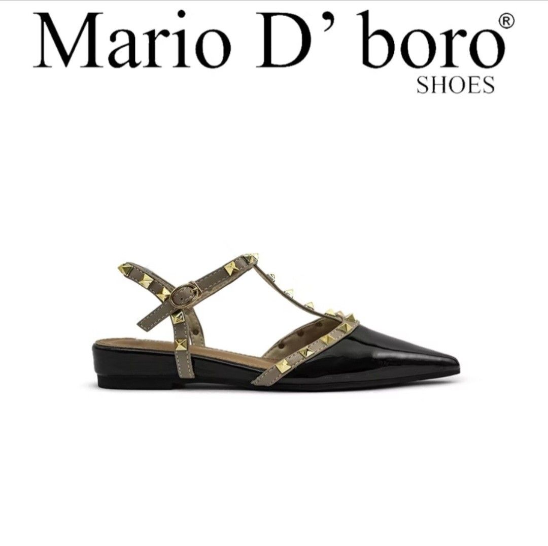 Mario D'boro Studded Pointed Toe Flat Sandals Black (Category: Flats & Sandals) located in Quezon City. Submitted by slipcattt (Listing ID 1466220873, Image 1). Description: - Brand: Mario D'boro - Style: Pointed toe T-strap sandals - Color: Classic black with patent finish - Details: Contrasting straps and chic gold stud hardware - Fit: Adjustable ankle buckle and low flat heel for all-day comfort - Condition: Excellent/Clean style, very easy to