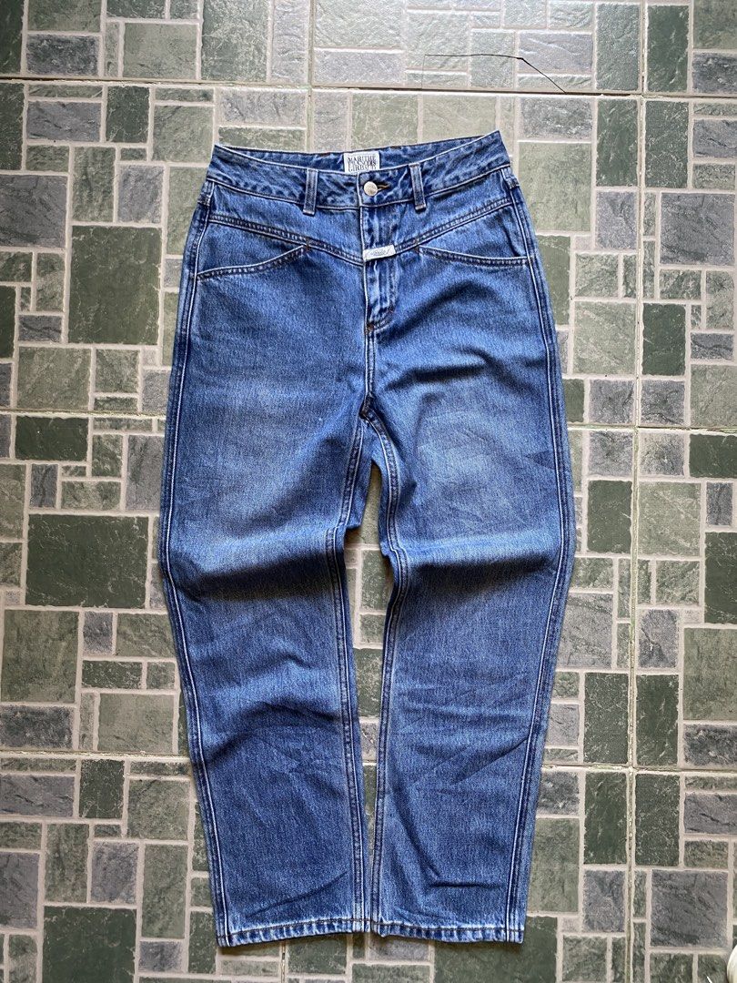 Marithe Francois Girbaud Denim Jeans Size 26 (Category: Jeans) located in Cotabato. Submitted by thewalfinds.ph (Listing ID 1466183171, Image 1). Description: Marithe Francois Girbaud blue denim jeans. Size 26 tag inside. High-waisted cut with unique angled yoke seams on front and back. Brown leather brand patch on back waistband. Metal button closure and zipper fly. Standard five-pocket setup with deep back pockets. Classic straight leg silhouet
