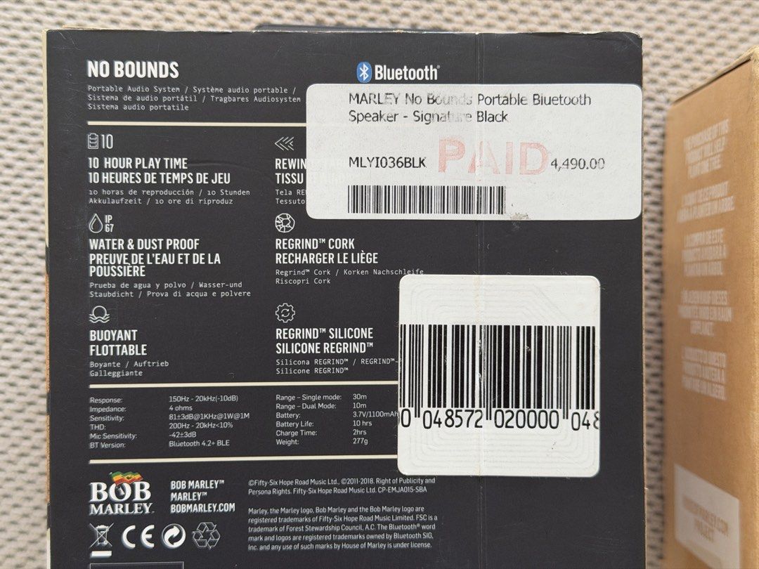 Marley No Bounds Portable Bluetooth Speaker (Category: Soundbars, Speakers & Amplifiers) located in Quezon City. Submitted by dakz1113 (Listing ID 1466295509, Image 3). Description: - Model: Marley No Bounds portable Bluetooth speaker - Condition: Excellent, comes with original packaging and charging cable - Durability: Waterproof, dustproof, and buoyant (floats in water) - Battery Life: Up to 10 hours on a single charge - Eco-Friendly Build: Cra