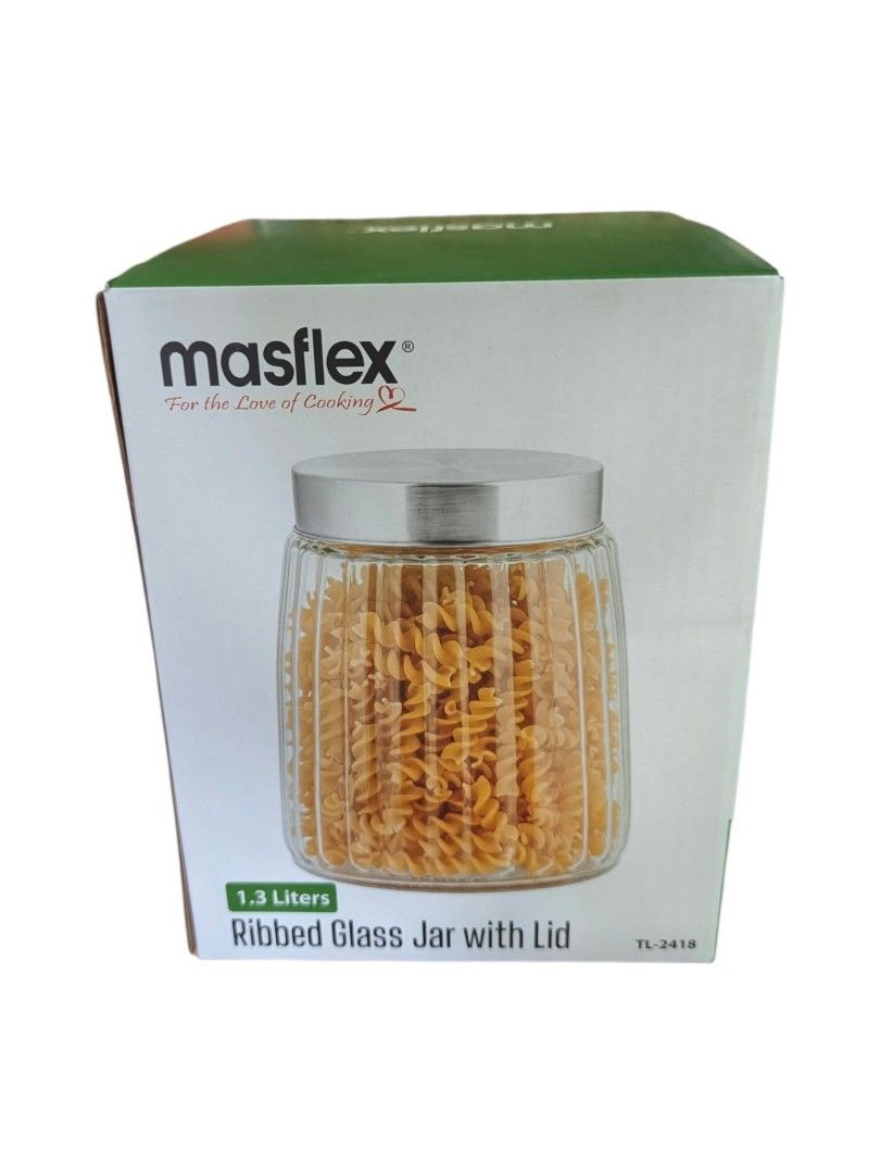 Masflex Ribbed Glass Jar with Lid (Category: Bathroom & Kitchen Fixtures) located in Imus. Submitted by mabelen_alvarez25 (Listing ID 1466232828, Image 3). Description: 450ML - 180 1L - 250 1.3L - 350.