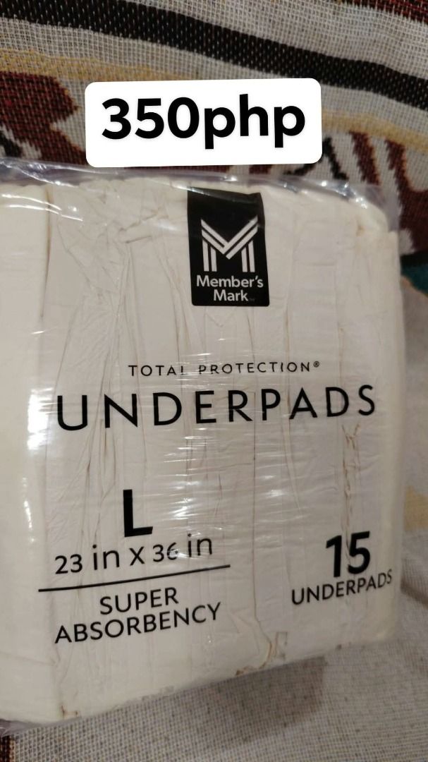 Member's Mark Total Protection Underpads Size L 15pcs (Category: Sanitary Hygiene) located in Caloocan City. Submitted by bunchg (Listing ID 1466200422, Image 1). Description: - Brand: Member's Mark - Size: Large (23" x 36" / 58cm x 91cm) - Absorbency: Super absorbency for maximum leak protection - Quantity: 15 underpads per pack - Condition: Brand new, factory sealed in plastic - Ideal for medical care, elderly care, post-surgery, pet training, 