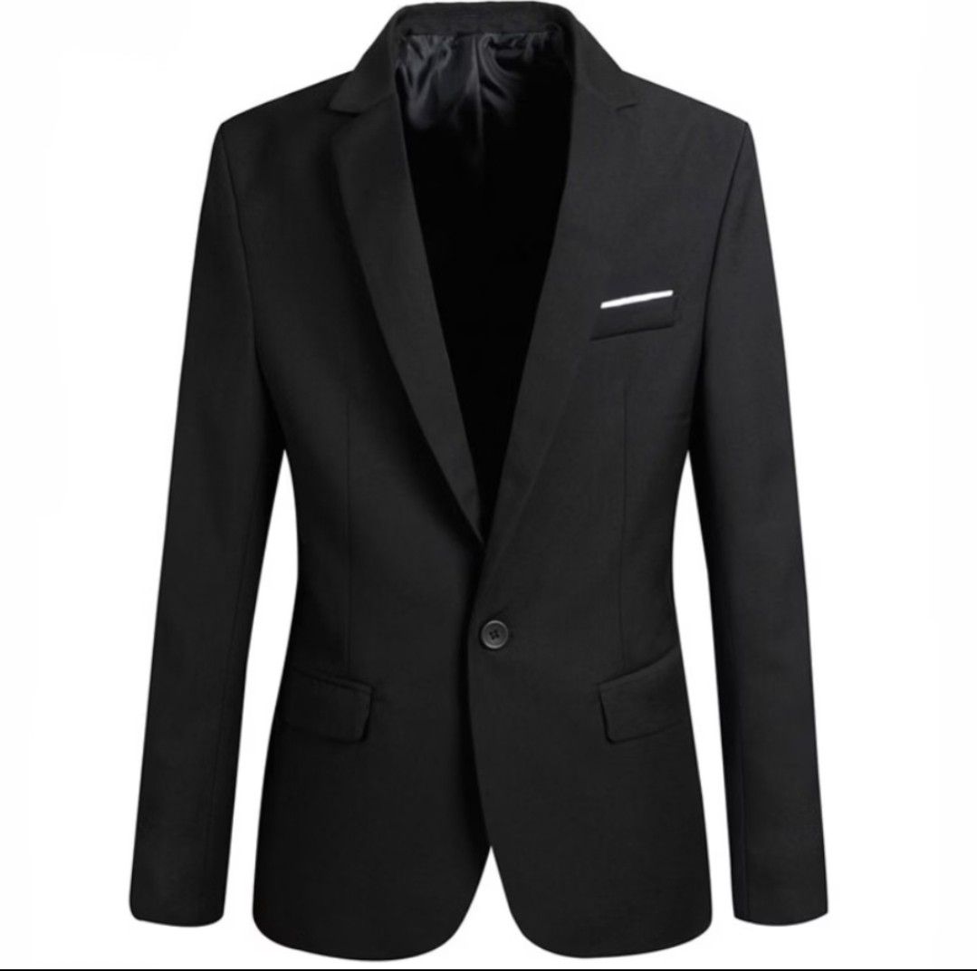 Men's Black Single-Button Casual Suit Blazer Jacket (Category: Coats, Jackets and Outerwear) located in Quezon City. Submitted by eilselenna11 (Listing ID 1466298763, Image 1). Description: Black suit jacket with a single front button closure. Sharp lapels and dark silky lining inside. Includes two lower flap pockets and one chest pocket with a white trim accent. Structured fit through the shoulders and torso. Clean solid black fabric throughout.