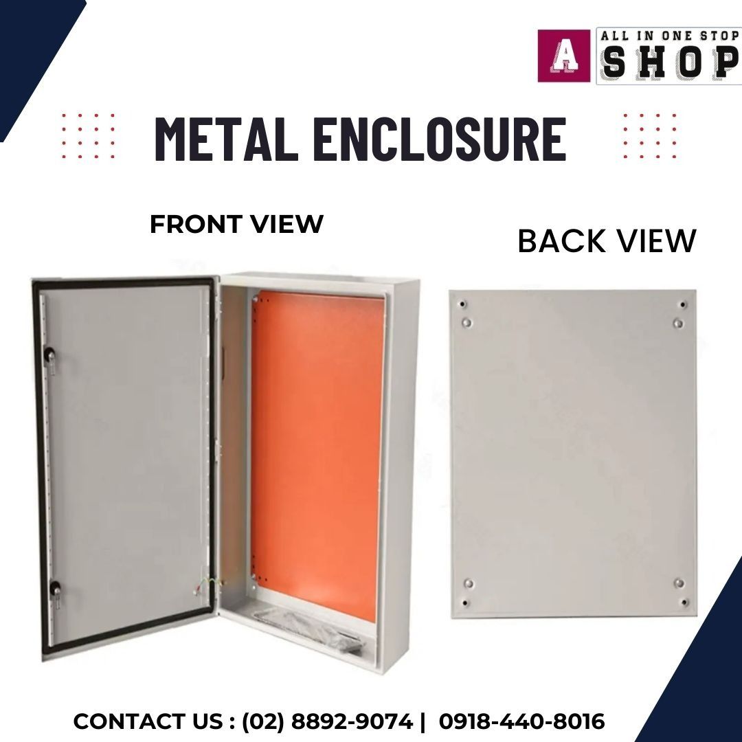 Metal Enclosure Electrical Cabinet Box Front Back Top View (Category: Office & Business Technology) located in Caloocan City. Submitted by jcs_ra_892 (Listing ID 1466160100, Image 1). Description: - Durable grey metal electrical enclosure box designed for heavy-duty industrial use - Features a secure hinged door equipped with dual locks for safety - Includes a high-visibility orange mounting backplate inside - Bottom cable entry plate comes with 