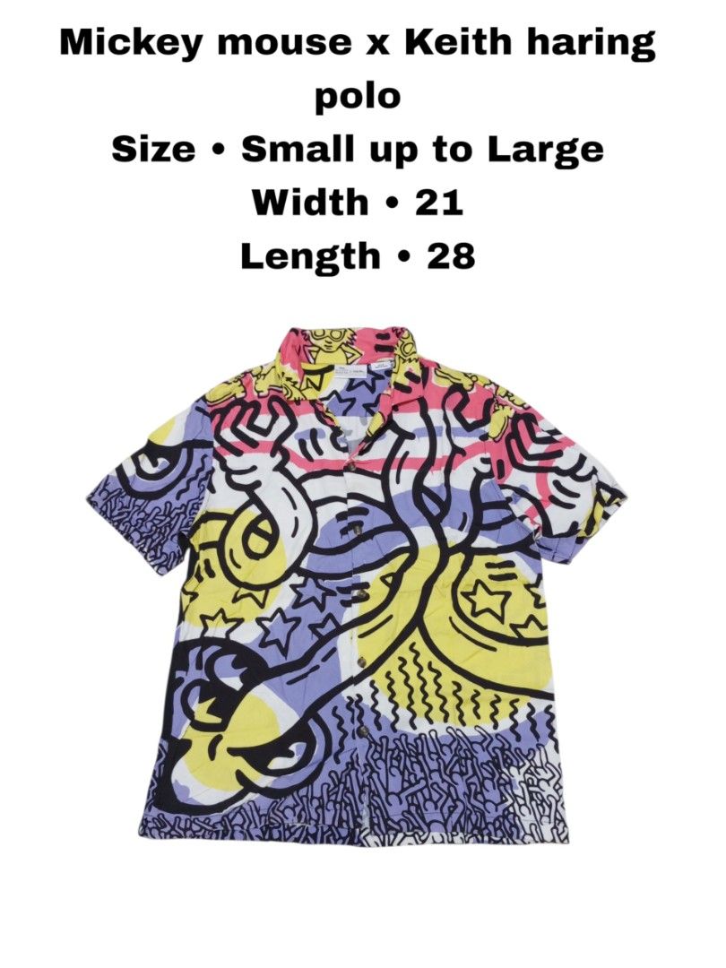 Mickey mouse x Keith haring all over print polo (Category: Activewear) located in Manila. Submitted by _t20hrift (Listing ID 1466286500, Image 1). Description: Mickey mouse x Keith haring polo Size • Small up to Large As new condition Width • 21 Length • 28.