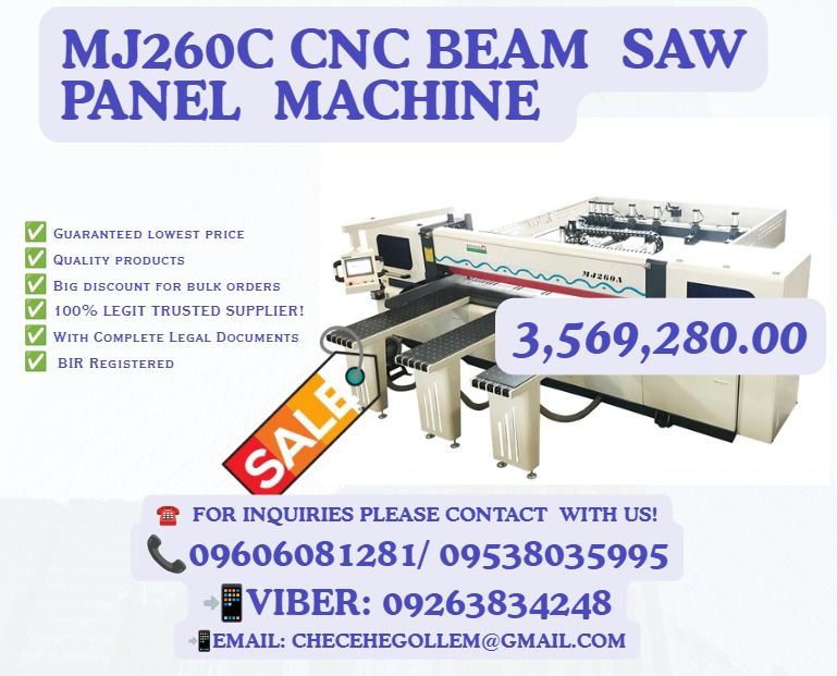 MJ260C cnc beam saw panel machine (Category: Everything Else Others) located in Caloocan City. Submitted by ultimatebi56643 (Listing ID 1466160160, Image 1). Description: ●Max cutting length: 2600mm ●Max cutting thickness: 90mm ●Diameter of main saw blade: 355/400mm ●Diameter of main saw spindle: 60mm ●Rotation speed of main saw blade: 5600r/min ●Diameter of scoring saw blade:180mm ●Diameter of scoring saw blade: 30mm ●Diameter of scoring saw bla