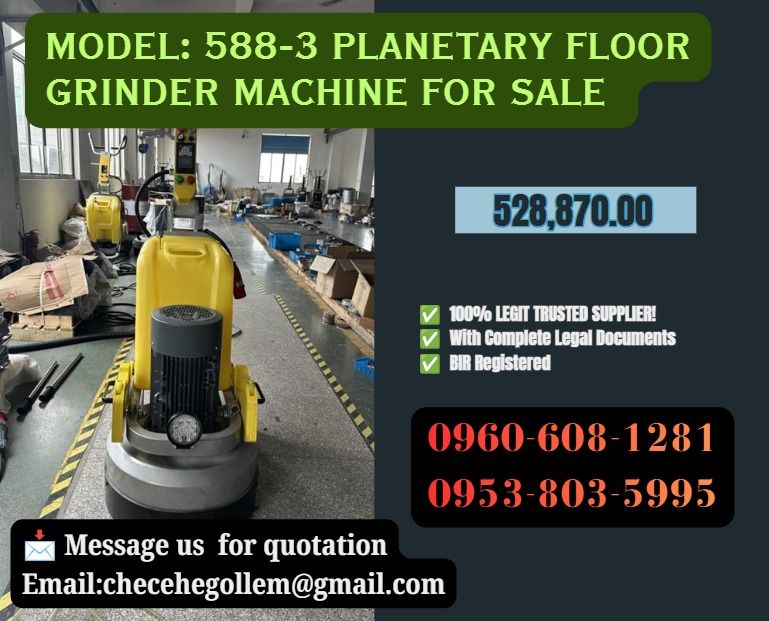 Model: 588-3 Planetary Floor Grinder machine for sale (Category: Construction Tools & Equipment) located in Caloocan City. Submitted by mightywater-74d1 (Listing ID 1466162037, Image 1). Description: ●Model: 588-3 ●Voltage: 220v/380v ●Phase: 1/3phase ●Power: 705kw (10hp) ●Converter: 7.5/11kw (10/15hp) ●Frequency: 50/60hz ●Working width: 600mm ●Disc quantity: 9 ●Rotating speed: 0-1800rpm ●Water tank volume: 40L ●Weight: 270kg .