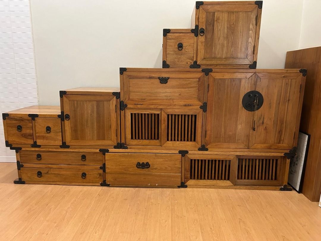 Modular Wooden Storage Divider and Cabinet (Category: Shelves, Cabinets & Racks) located in Makati City. Submitted by lpnbiz (Listing ID 1466223670, Image 3). Description: - Type: Rare Oriental style divider with 4 modular pieces that can be arranged/stacked in various ways - Storage: Variety of compartments, doors, slatted sliding panels, and drawers - Design: Rich natural wood grain finish with traditional oriental hardware handles; front and b