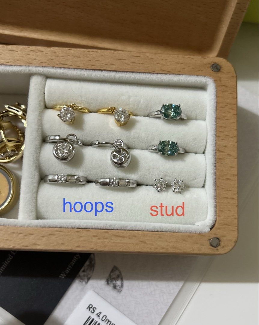 Moissanite earrings (Category: Earrings) located in Marikina City. Submitted by decluttering.matters (Listing ID 1466235612, Image 1). Description: Please read everything first. Do not transact if you do not agree or in doubt. Moissanite earrings in S925 (1) stud earrings, ball screw lock - ₱900 (brand new) - 0.3ct moissanite; around 4mm - S925 | Silver (2) hoop earrings - ₱1,800 (brand new) - 0.1ct moissanite; around 3mm - S925 | Silver If you a