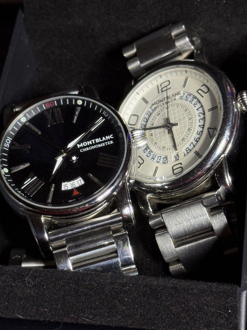 Montblanc Chronometer and Montblanc Flyback Watches (Category: Luxury Watches) located in Quezon City. Submitted by ddozed (Listing ID 1466295183, Image 1). Description: - Authentic Montblanc watch bundle, perfect for collectors - Watch 1: Black dial chronometer with Roman numerals, date window, and steel bracelet - Watch 2: White textured dial with Arabic numerals, flyback chronograph, and steel bracelet - Movement: Automatic for both timepieces