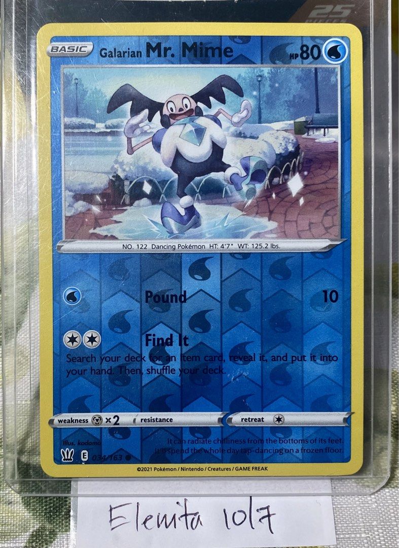 Mr. Mime (Category: Raw Singles) located in Angeles City. Submitted by lensongsong (Listing ID 1466334172, Image 1). Description: Near mint Php40.00 Galarian Mr. Mime 03/163 Reverse Holo Php800.00 Mr. Mime 179/165 Sv2a 151 Holo .