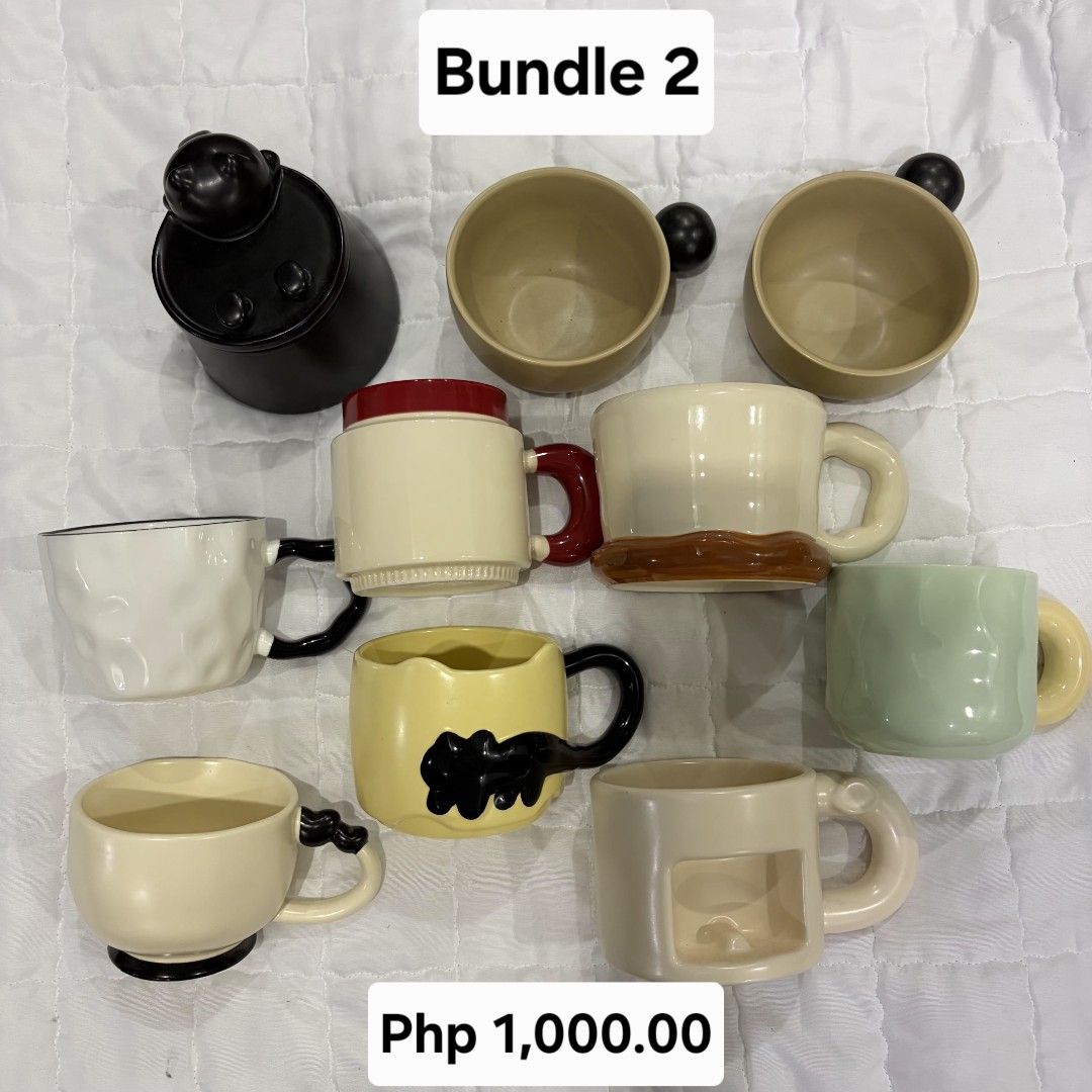 Mug Bundle Sale 2 (Category: Coffee & Tea Tableware) located in Pateros City. Submitted by lovealy_07 (Listing ID 1466300497, Image 1). Description: ☕ MUG BUNDLE SALE! ☕ 10 pcs of ceramic mugs for only ₱1,000 (except 1 bundle) ✨ Perfect for gifting, reselling, or your own mug collection! 🌸Most designs are plains ✨ ₱100 per mug when bundled 📦 10 pcs = ₱1,000 only! Message us to order! 💌 📍 Preferred buyer: Within Metro Manila only 🛵 Lalamove a