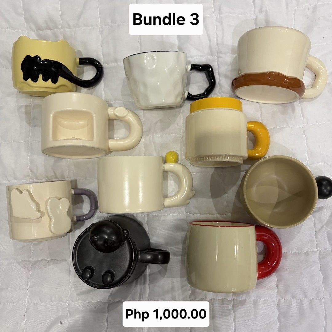 Mug Bundle Sale 3 (Category: Coffee & Tea Tableware) located in Pateros City. Submitted by lovealy_07 (Listing ID 1466300615, Image 1). Description: ☕ MUG BUNDLE SALE! ☕ 10 pcs of ceramic mugs for only ₱1,000 (except 1 bundle) ✨ Perfect for gifting, reselling, or your own mug collection! 🌸Most designs are plains ✨ ₱100 per mug when bundled 📦 10 pcs = ₱1,000 only! Message us to order! 💌 📍 Preferred buyer: Within Metro Manila only 🛵 Lalamove a