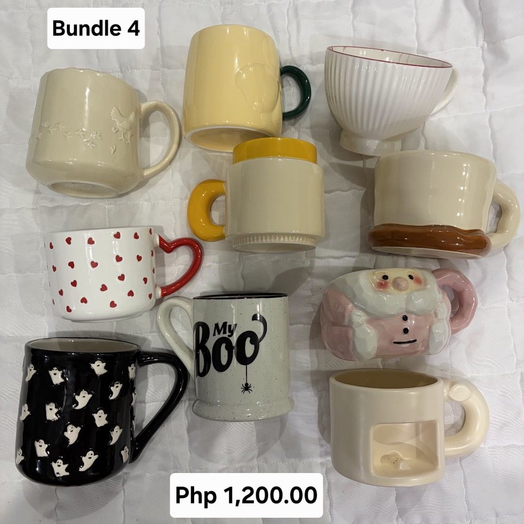 Mug Bundle Sale 4 (Category: Coffee & Tea Tableware) located in Pateros City. Submitted by lovealy_07 (Listing ID 1466300705, Image 1). Description: ☕ MUG BUNDLE SALE! ☕ 10 pcs of ceramic mugs for only ₱1,000 (except 1 bundle) ✨ Perfect for gifting, reselling, or your own mug collection! 🌸Most designs are plains ✨ ₱100 per mug when bundled 📦 10 pcs = ₱1,000 only! Message us to order! 💌 📍 Preferred buyer: Within Metro Manila only 🛵 Lalamove a