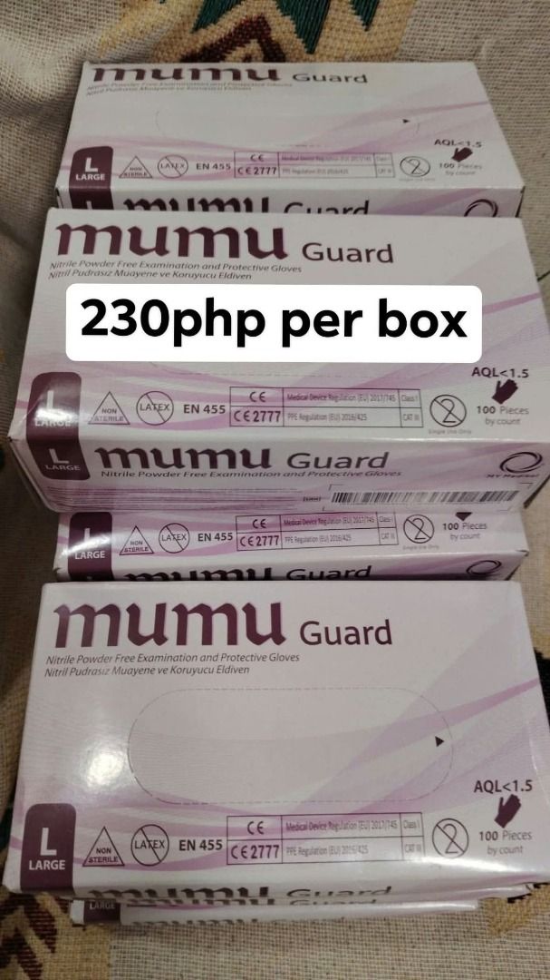 Mumu Guard Nitrile Powder Free Gloves Size Large (Category: Gloves) located in Caloocan City. Submitted by bunchg (Listing ID 1466200053, Image 1). Description: - Brand: Mumu Guard - Type: Nitrile powder-free examination and protective gloves - Size: Large - Color: Purple - Quantity: 100 pieces per box - Quality: AQL 1.5, Medical Device & PPE compliant, non-sterile, single-use - Price: 230 PHP per box - Availability: Multiple boxes in stock.
