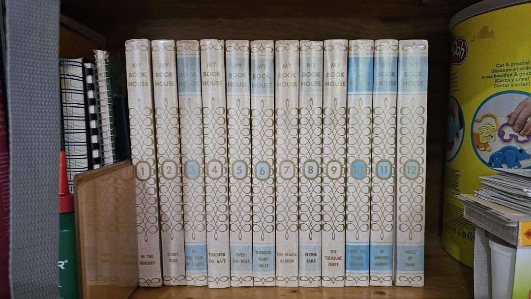 My Book House Complete 12 Volume Set (Category: Storybooks) located in Quezon. Submitted by cgmhe (Listing ID 1466203347, Image 1). Description: - Complete set: Volumes 1 to 12 included - Edition: Hardcover classic children's literature - Design: Iconic cream and blue spines with decorative patterns and numbered circles - Condition/Use: Great vintage children's library for reading or display - Shipping/Meet-up: Available for delivery or meet-up w