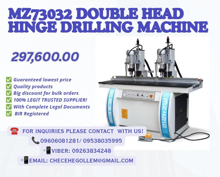 MZ73032 Double Head Hinge Drilling Machine (Category: Everything Else Others) located in Caloocan City. Submitted by boldhawk_09f8ee (Listing ID 1466160073, Image 1). Description: ●Max boring diameter: 50mm ●Max drilling depth: 60mm ●Drilling distance: 185-870mm ●Number of spindle: 3spindle*2 ●Spindle speed: 2840r/min ●Motor power: 1.5kw*2 ●Air pressure: 0.6-0.8MPa ●Overall dimension(cm): 130*110*170 ●Weight: 400kg .