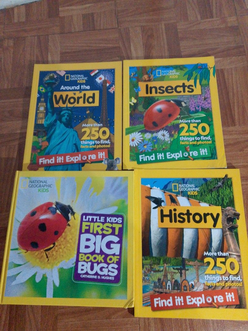 National Geographic Kids Find It! Explore It! Book Bundle (Category: Children's Books) located in Pasay City. Submitted by reginaidea (Listing ID 1466169994, Image 1). Description: - Set of 4 National Geographic Kids books - Titles included: Around the World, Insects, History, and First Big Book of Bugs - Packed with engaging facts, vivid photos, and find-it activities - Perfect learning material for curious kids.