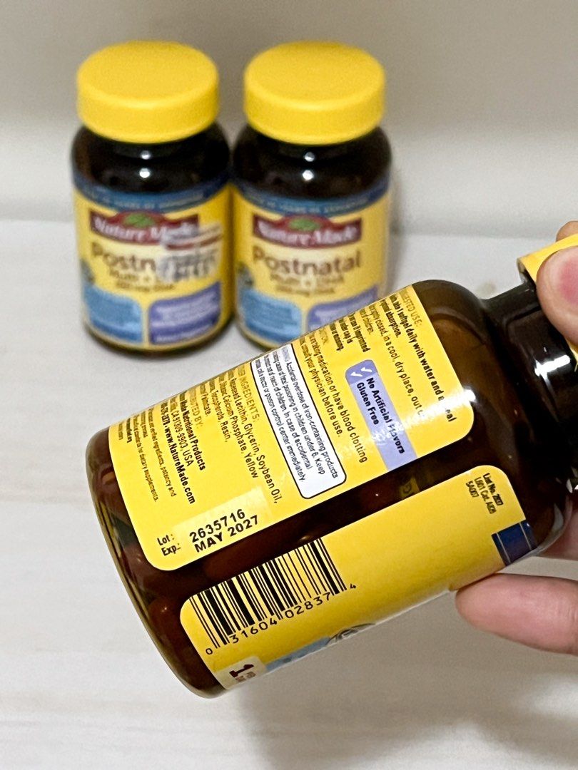 Nature made Postnatal Multi+DHA 60softgels (Category: Health Food, Drinks & Tonics) located in Manila. Submitted by mysticforest_239da2 (Listing ID 1466243085, Image 2). Description: a daily dietary supplement designed to support the increased nutritional demands of breastfeeding mothers and their babies. 3 bottles available RFS: don’t need it anymore Graduate na po .