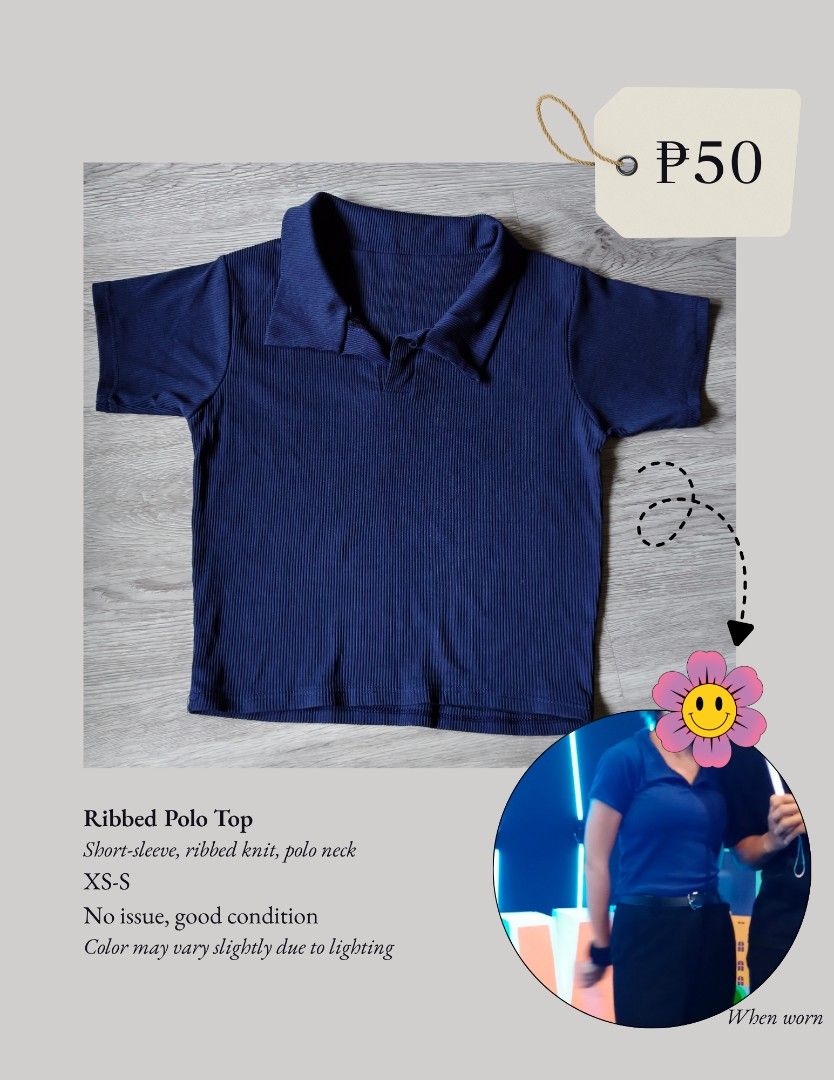 Navy Blue Ribbed Polo Top Short Sleeve (Category: Shirts) located in Imus. Submitted by calmwolf_b9c1c6 (Listing ID 1466224712, Image 1). Description: - Color: Navy blue - Material: Ribbed knit - Style: Short-sleeve polo neck - Size: Fits XS to S frames - Condition: Good, no flaws spotted - Versatility: Easy to match with pants or skirts.