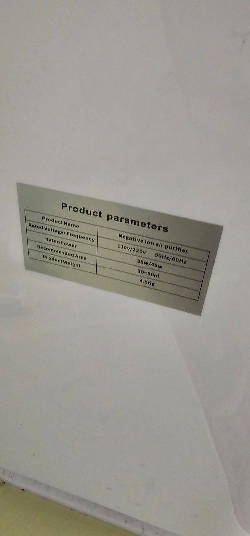 Negative Ion Air Purifier White (Category: Air Purifiers & Dehumidifiers) located in Manila. Submitted by anthonylee23810 (Listing ID 1466297610, Image 3). Description: Negative ion air purifier in white housing. Runs on 110V/220V with 35W/45W rated power. Weighs 4.5kg. Recommended for areas between 30 and 50 square meters. Top control panel includes buttons for On/Off, Timer, Mode, Anion, and Speed settings. Standard upright standing design with